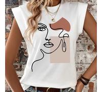 Shein Camiseta gráfica casual de cuello redondo para mujer con mangas exageradas tipo globo y estampado de rostros y elementos