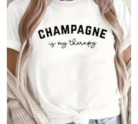 Shein Camiseta gráfica Champagne Therapy de algodón de 220 g, informal, de verano, con cuello redondo y manga corta (1 unidad)