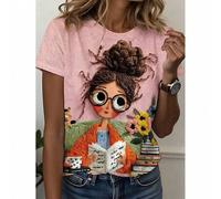 Shein Camiseta gráfica con diseño de niña lectora, camiseta casual de cuello redondo y manga corta para mujer, atuendo de primavera y verano