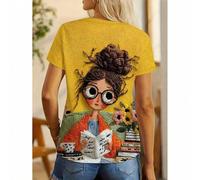 Shein Camiseta gráfica con diseño de niña lectora, camiseta casual de mujer de cuello redondo y manga corta, atuendo de primavera y verano
