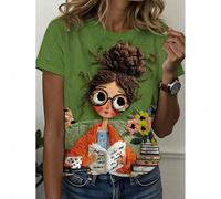 Shein Camiseta gráfica con estampado de niña lectora, camiseta casual de cuello redondo de manga corta para mujer para primavera y verano