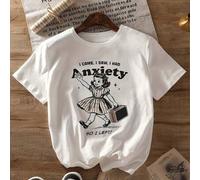 Shein Camiseta gráfica con estilo de ilustración vintage que muestra a una chica vintage sosteniendo una maleta, con el eslogan "Vine, vi, me puse ansiosa,