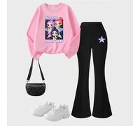 Shein Camiseta gráfica con grupo de chicas K-Pop Chibi lindo - Colores vibrantes y posturas dinámicas, camiseta de cuello redondo de manga corta casual, ade