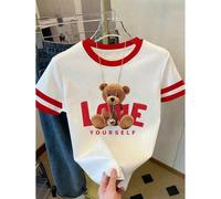 Shein Camiseta gráfica con oso "Ámame a mí mismo" con ribete de contraste, camiseta casual de manga corta y cuello redondo para mujer, primavera/verano