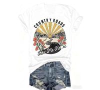 Shein Camiseta gráfica "COUNTRY ROADS Take Me Home" para mujer - Camiseta roja de manga corta con cuello redondo, top informal con estampado floral y de ama