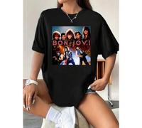 Shein Camiseta gráfica de Bon Jovi, 100 % algodón, corte holgado, cómoda, estilo informal, estampado artístico