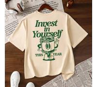 Shein Camiseta gráfica de color crema para mujer con cita inspiradora "Invierte en ti mismo" y patrón de moneda vintage, camiseta de manga corta y cuello re