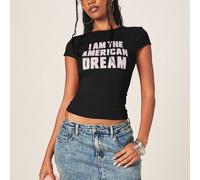 Shein Camiseta gráfica de cuello redondo de manga corta ajustada con estampado de declaración "Yo soy el sueño americano"