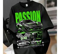 Shein Camiseta gráfica de cuello redondo de manga corta casual de verano para niños preadolescentes, con diseño de coche de carreras y pasión