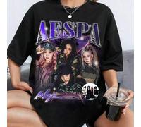 Shein Camiseta gráfica de estilo retro del álbum Whiplash de Aespa, Camiseta del álbum Armageddon de Aespa, Camiseta de la gira mundial de Aespa, Ningning,