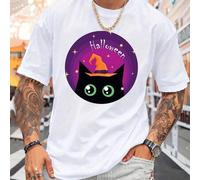 Shein Camiseta gráfica de gato de Halloween para hombre Spooky Season Comfort, elegante camiseta de cuello redondo con un estampado divertido y festivo, per