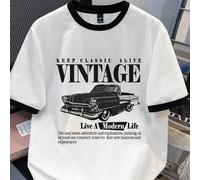 Shein Camiseta gráfica de hombre de talla estándar con diseño de coche vintage, contraste de mangas, adecuada para verano, salidas, escuela, regalos para am