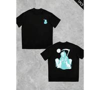 Shein Camiseta gráfica de la Parca, mezcla de algodón de alta calidad con estampado a doble cara, transpirable, de gran tamaño, estilo vintage, esencial par