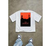 Shein Camiseta gráfica de la película El Exorcista con estampado en la espalda, nueva camiseta de algodón de verano de 220 g para hombre con cuello redondo
