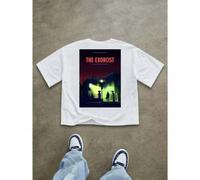 Shein Camiseta gráfica de la película El Exorcista con estampado en la espalda, nueva camiseta de verano de algodón de 220 g para hombre, cuello redondo y e