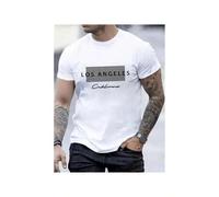 Shein Camiseta gráfica de Los Ángeles, azul marino, manga corta, cuello redondo, diseño de cuadros blancos, elegante camiseta informal de poliéster para hom