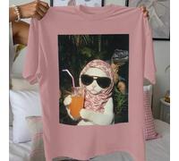 Shein Camiseta gráfica de manga caída con estampa vintage "Just A Chill Girl" para mujer, Camiseta gráfica de mujer con gato y meteoro, Camisa abotonada con
