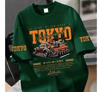 Shein Camiseta gráfica de manga corta con estampado de coche y temática de carreras, estilo urbano para adolescentes varones