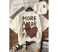 Shein Camiseta gráfica de manga corta y cuello redondo casual de verano para mujer con estampado de leopardo y texto "talla grande amor por favor" en un cor