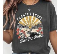 Shein Camiseta gráfica de manga corta y cuello redondo "COUNTRY ROADS Take Me Home" para mujer - Roja, de poliéster casual, con diseño estampado de amanecer