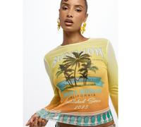 Shein Camiseta gráfica de manga larga con efecto degradado de puesta de sol y estampado de palmera de Santa Mónica, cuello redondo, vibes de playa de Califo