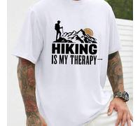 Shein Camiseta gráfica de montaña Hiking Therapy, cuello redondo para hombre, 220 g/m², verano, algodón puro, manga corta (1 unidad)