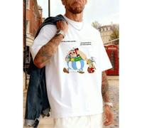 Shein Camiseta gráfica de otoño de Astérix y Obélix, tejido de alta calidad, cuello redondo, ajuste cómodo, hip hop urbano
