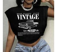 Shein Camiseta gráfica de talla grande con eslogan minimalista vintage y coche retro, adecuada para el verano