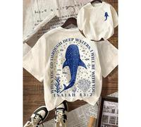Shein Camiseta gráfica de tiburón ballena cristiano, camiseta con versículo bíblico, fe oceánica, camiseta casual de cuello redondo y manga corta para mujer