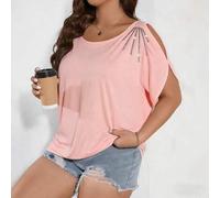 Shein Camiseta gráfica de verano casual para mujer de talla grande, de unicolor, de punto, con cuello redondo, hombros rotos y diseño de cristales