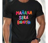 Shein Camiseta gráfica en español "Mañana será bonito", camiseta de cuello redondo para hombre, 220 g/m², verano, algodón puro, manga corta (1 pieza)