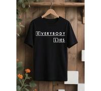 Shein Camiseta gráfica Everybody Lies de House MD para hombres - Inspirada en el programa de televisión de Hugh Laurie, texto blanco en negrita en camiseta
