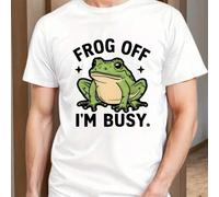 Shein Camiseta gráfica "Frog Off I'm Busy", cuello redondo para hombre, 220 g/m², verano, algodón puro, manga corta (1 unidad)