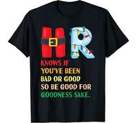 Shein Camiseta gráfica "HR Knows If You've Been Bad or Good" para hombre, camiseta fresca de algodón con cuello redondo, top informal novedoso inspirado en