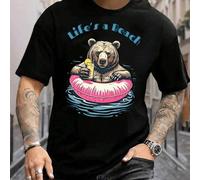Shein Camiseta gráfica "Life's a Beach Bear" para hombre, con estampado de verano, corte relajado, mezcla de algodón premium, diseño único para uso informal