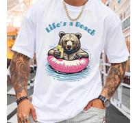 Shein Camiseta gráfica "Life's a Beach Bear" para hombre, con estampado de verano, corte relajado, mezcla de algodón premium, diseño único para uso informal