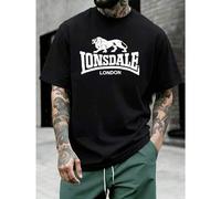 Shein Camiseta gráfica negra de talla grande de Lonsdale London para otoño, algodón suave, diseño gráfico, hip-hop callejero, transpirable