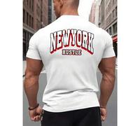 Shein Camiseta gráfica "New York Hustle", para hombre, con estampado de doble cara, cuello redondo, informal, 220 g/m², algodón puro (1 unidad)