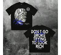 Shein Camiseta gráfica oversize con estampado de lema en el frente y la parte trasera de un billete de dólar negro, camiseta de manga corta