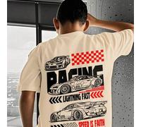 Shein Camiseta gráfica oversize para niños, estampado de arte lineal de coche de carreras, eslogan "RACING" y "SPEED IS FAITH", camiseta de corte holgado in