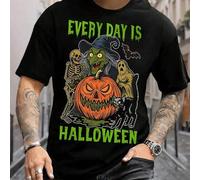 Shein Camiseta gráfica para hombre "Every Day Is Halloween", divertida camiseta con estampado de bruja, esqueleto, calabaza, fantasma y gato negro, cuello r