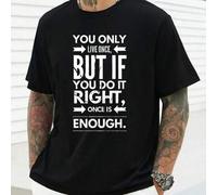 Shein Camiseta gráfica para hombre: "Vive una vez, hazlo bien", cuello redondo, 220 g/m², para verano, de puro algodón, manga corta (1 unidad)