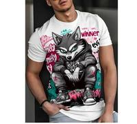 Shein Camiseta gráfica para hombres "Amor y Paz, Ciudad de la Victoria" - Camiseta de manga corta casual con estampados de perro, conejo y lobo de dibujos a