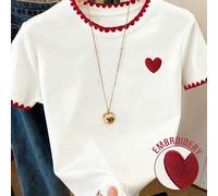 Shein Camiseta gráfica para mujer, nuevo diseño de verano, blanca con bordado de corazón rojo y diente de perro, para uso al aire libre, estilo callejero, u