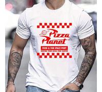 Shein Camiseta gráfica Pizza Planet, cuello redondo para hombre, 220 g/m², verano, puro algodón, manga corta (1 pieza)