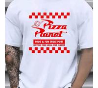 Shein Camiseta gráfica Pizza Planet, cuello redondo para hombre, 220 g/m², verano, puro algodón, manga corta (1 pieza)