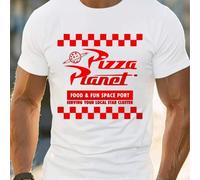 Shein Camiseta gráfica Pizza Planet, cuello redondo para hombre, 220 g/m², verano, puro algodón, manga corta (1 pieza)