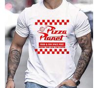 Shein Camiseta gráfica Pizza Planet, cuello redondo para hombre, 220 g/m², verano, puro algodón, manga corta (1 pieza)