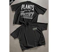 Shein Camiseta gráfica "Plant Therapy", para hombre, con estampado de doble cara, cuello redondo, informal y moderna, 220 g/m² de algodón puro (1 unidad)