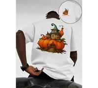 Shein Camiseta gráfica Pumpkin House para hombre, estampada por ambos lados, informal, cuello redondo, 220 g/m², algodón puro (1 pieza)